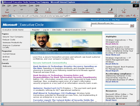 Sample screen shot from Microsoft Executive Circle web site